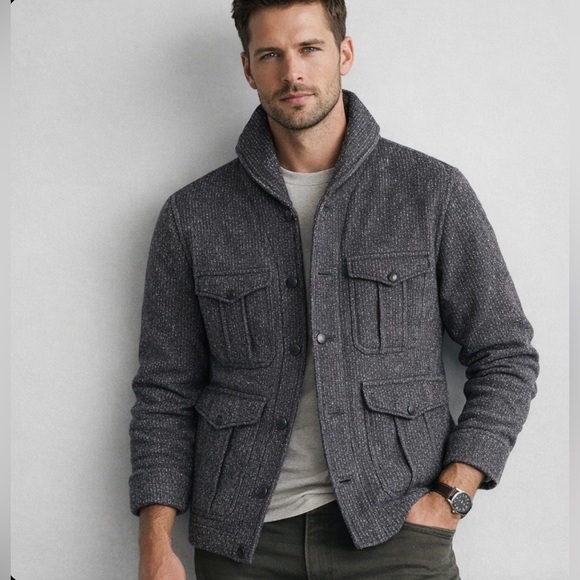 Wallace Barnes Sweater Mens Medium Gray Cardigan Salt Pepper Fleece